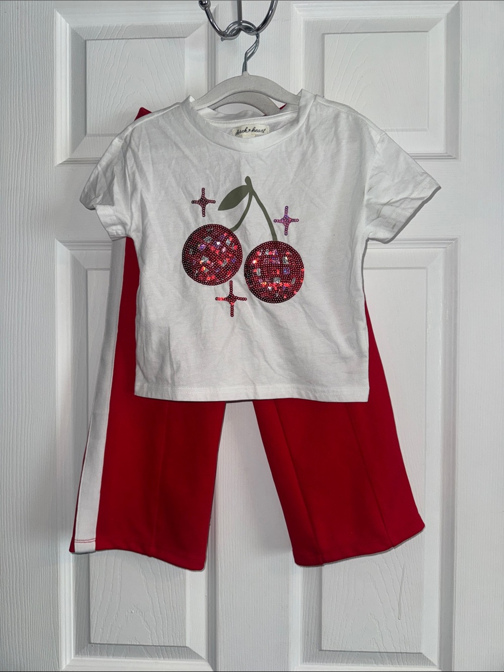Kids White Cherry Sequin Top w/ red and white stripe pants